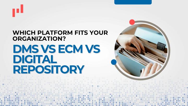 DMS vs ECM vs Digital Repository banner showing a hand browsing paper file folders