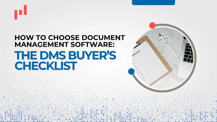 How to choose document management software banner showing a clipboard checklist beside a laptop